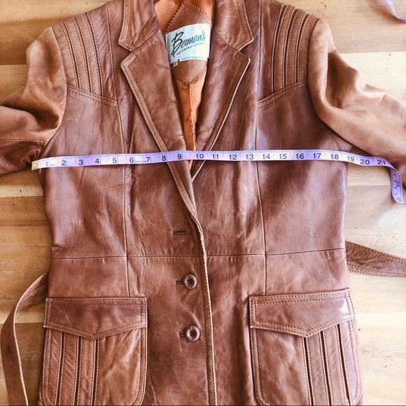 Vintage 70s Belted Leather Jacket Caramel Brown Leather Cognac Tailored Medium - Picture 12 of 16